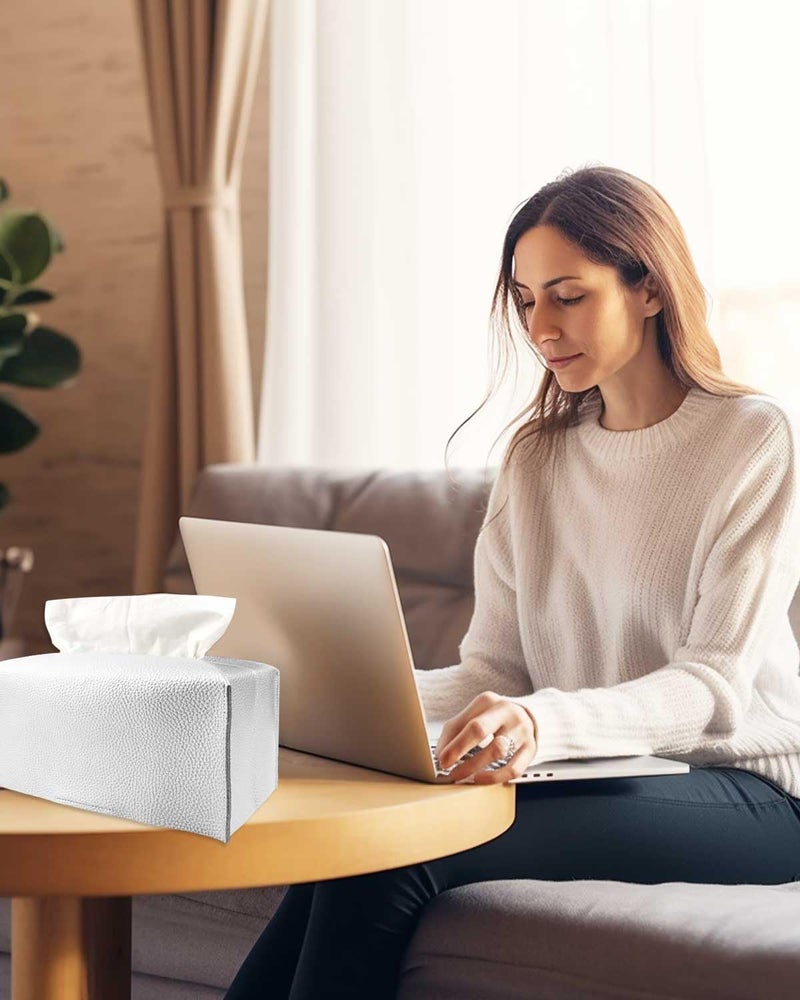 JESMINI Silver Tissue Box Cover Rectangular - Plus Size Large Tissue Box Cover Rectangle [JESMINI] Faux Leather Tissue Box Holder Long for Extra Large Rectangle Facial Tissue Box - Image 2
